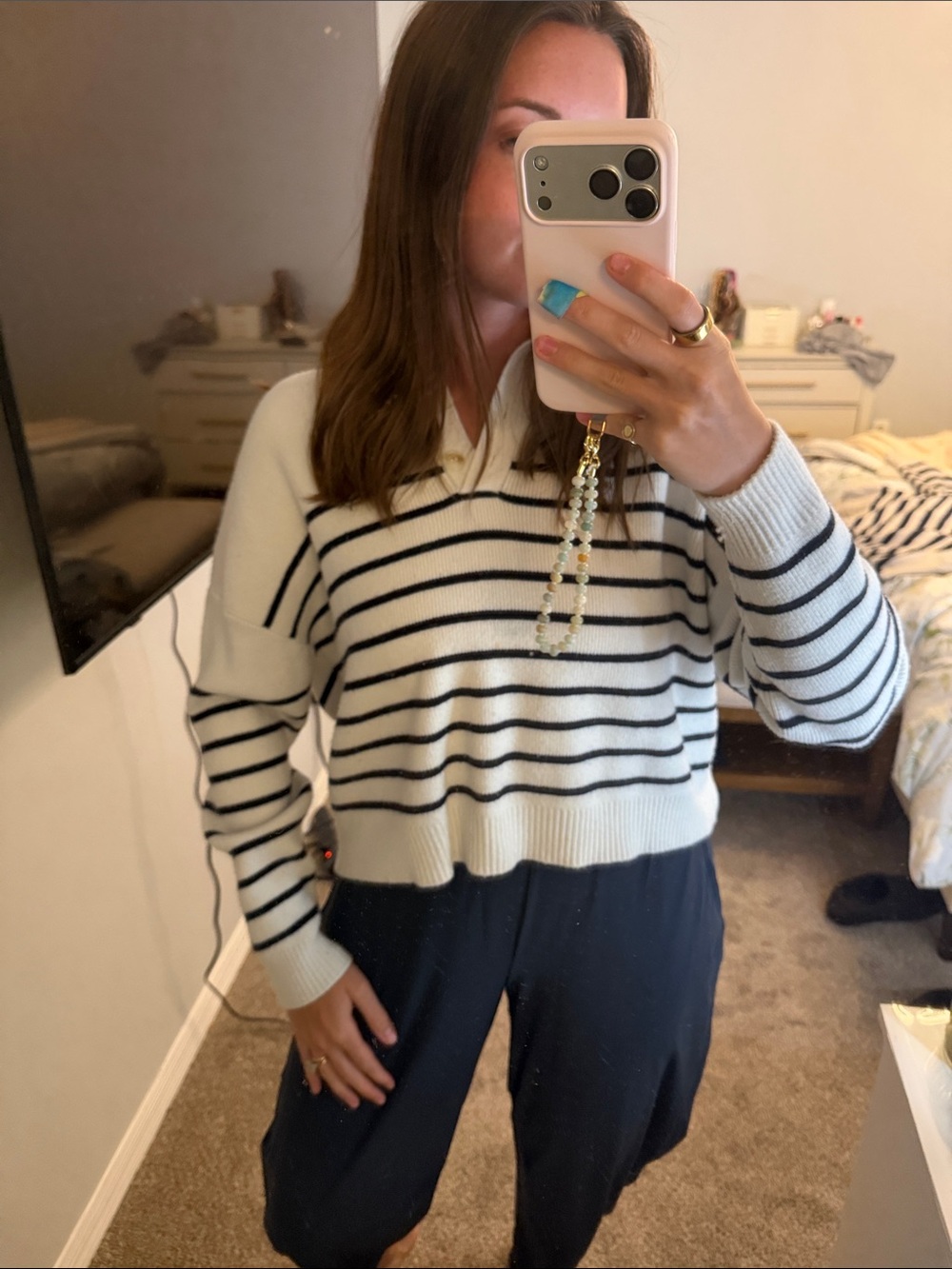 Mango White V-Neck Cropped Sweater with Black Stripes